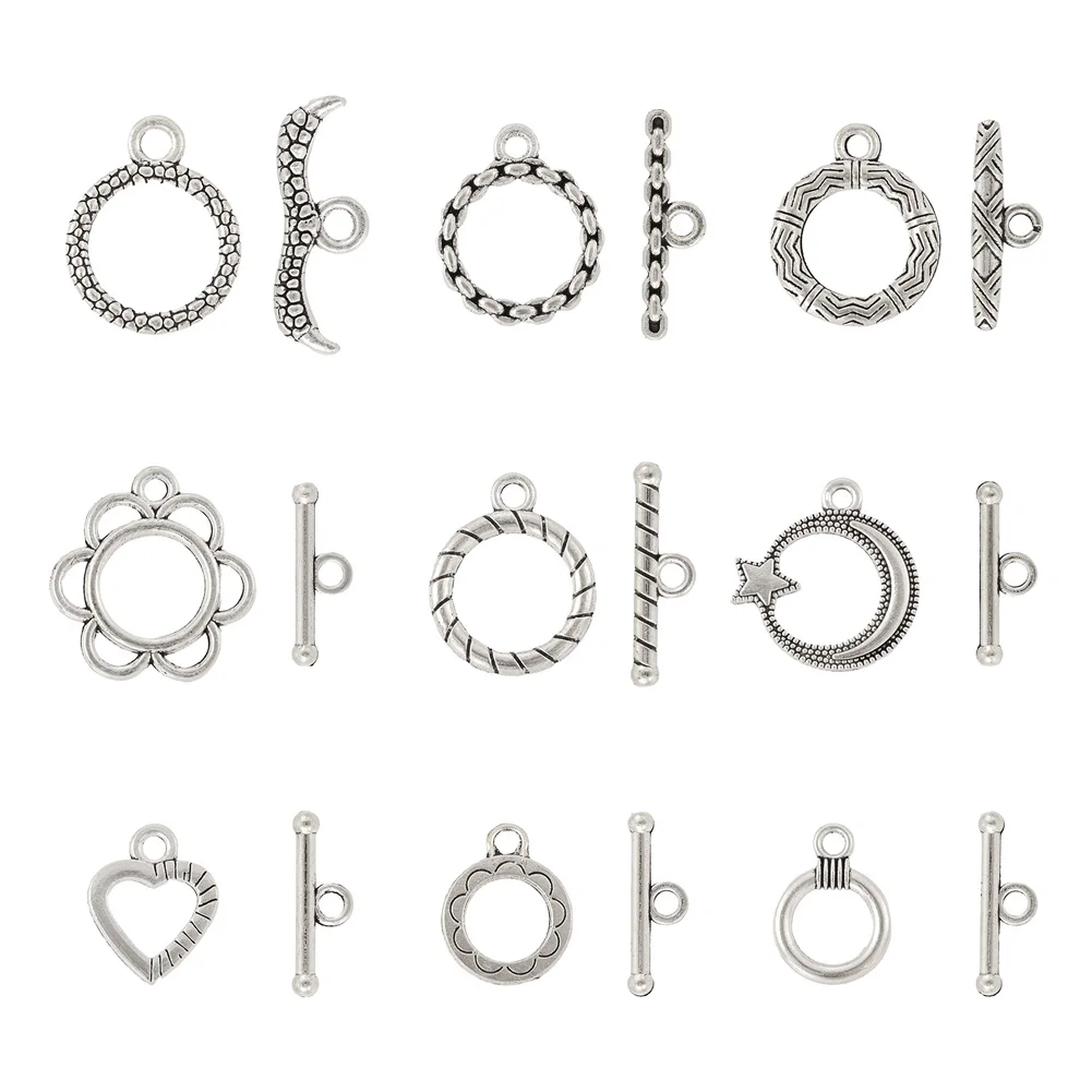 Tibetan Style Metal Toggle Clasps Kits Antique Silver Color Heart & Ring & Flower Connector DIY Jewelry Making Accessories