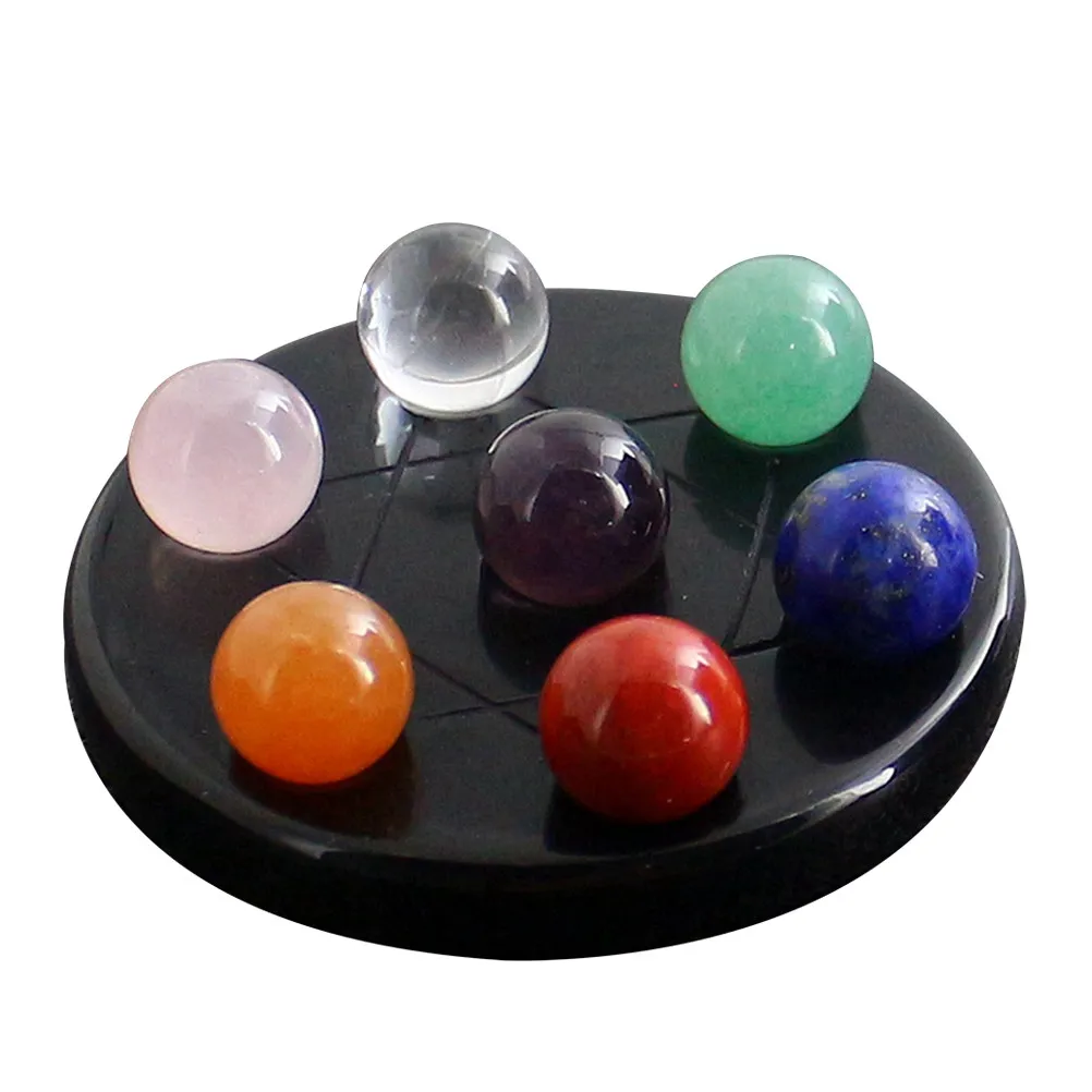 7 Chakra Gemstone Ball Sphere Set Obsidian Hexagram Heart Chakra Stand Healing Crystals Relaxation Stress Relief