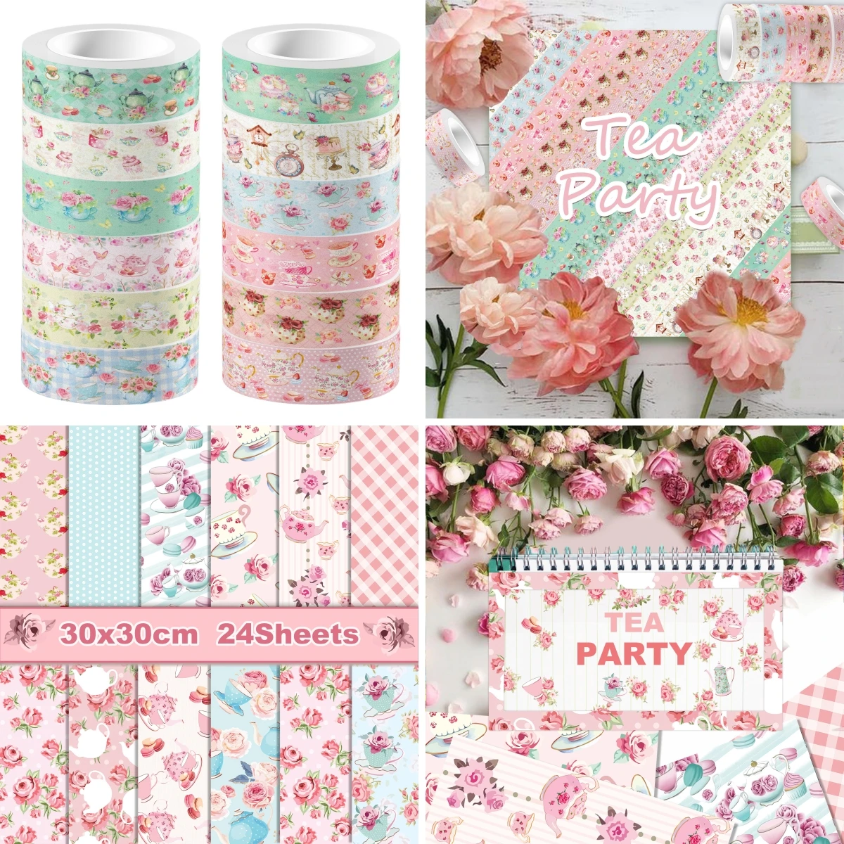 Cartoon Tea Teapot Rose Floral Flower Origami Handmade Materials DIY Scrapbooking Washi Tapes Sticker Folding Craft Paper Decor