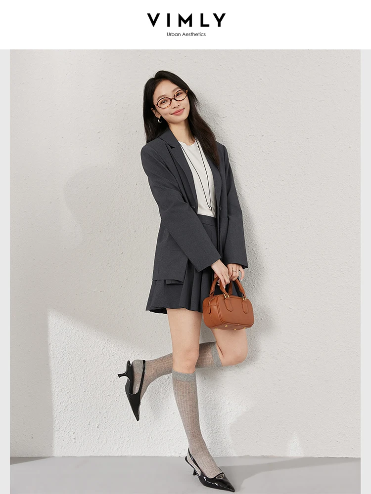 

VIMLY Women's Simple Elegant Sets Straight Blazer Coats 2025 Spring Office Lady Mini Skirt 2 Piece Sets Workplace Style Outfit