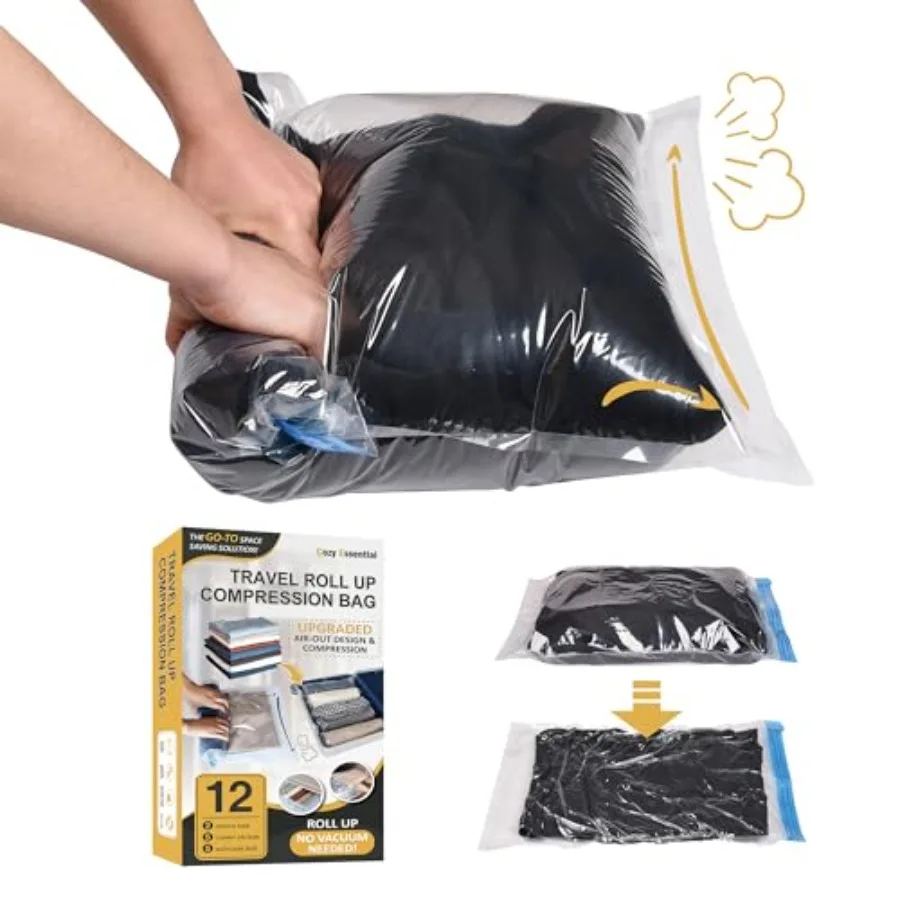 

Compression Bags for Travel - 12 Pack Space Saver Plastic Packaging Bags - No Vacuum Needed - Ideal for Cruise Accessories - Li