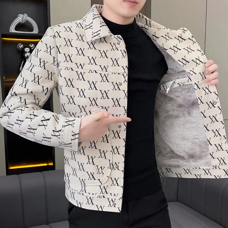 Autumn Winter Men's Woolen Jacket Trendy Korean Style Thickened Plaid Lapel Cropped Top Thickened Cotton Coat For Men