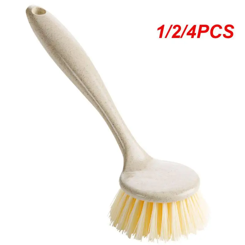 1/2/4PCS Long Handle Pan Pot Brush Sink Dish Bowl Washing Cleaning Brush Wheat Straw Fiber Brush Stain Removal Kitchen Cleaning