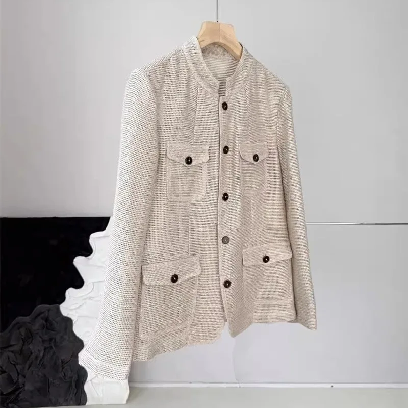 Rare Find! Y Yarn~Subtle Luxury!~Imported Linen Silver Thread Pocket Cutout Short Blazer