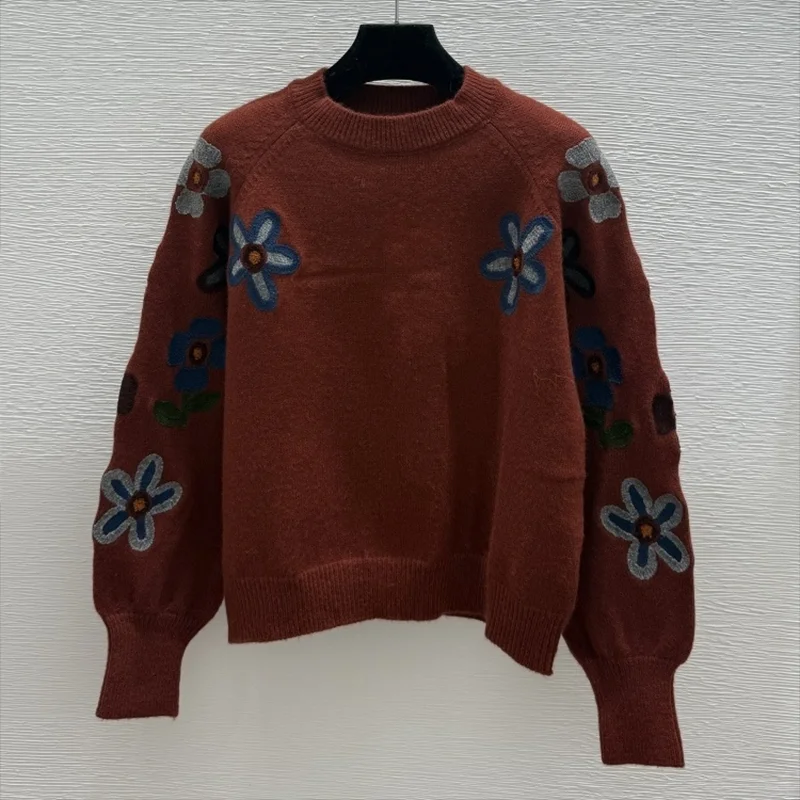 

Высококачественный женский свитер с цветочной вышивкой и плюшевым логотипом — простой и модный популярный пуловер 251102232