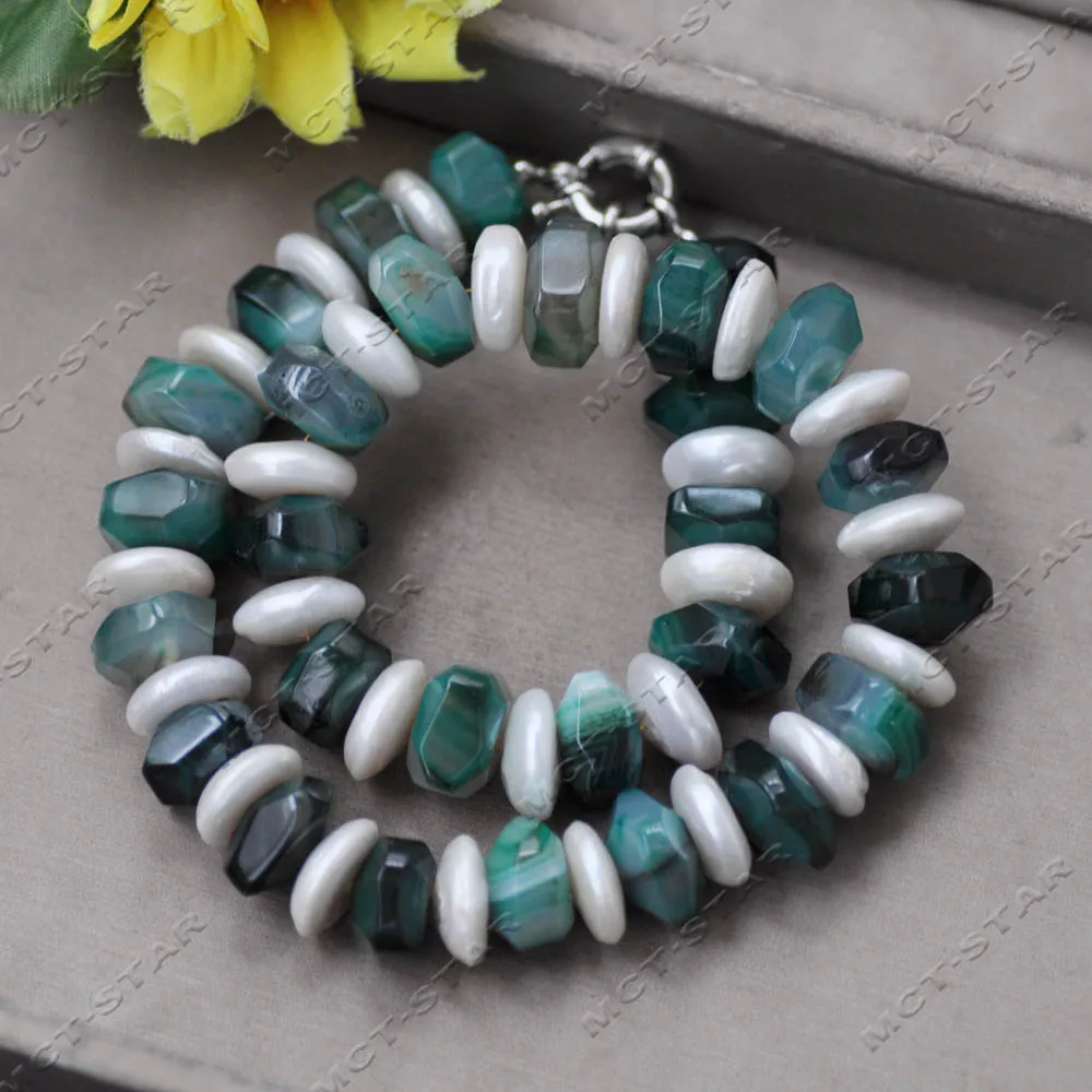 

Z14143 2-рядное 18-дюймовое ожерелье из натурального белого жемчужно-зеленого ронделя с граненым агатом