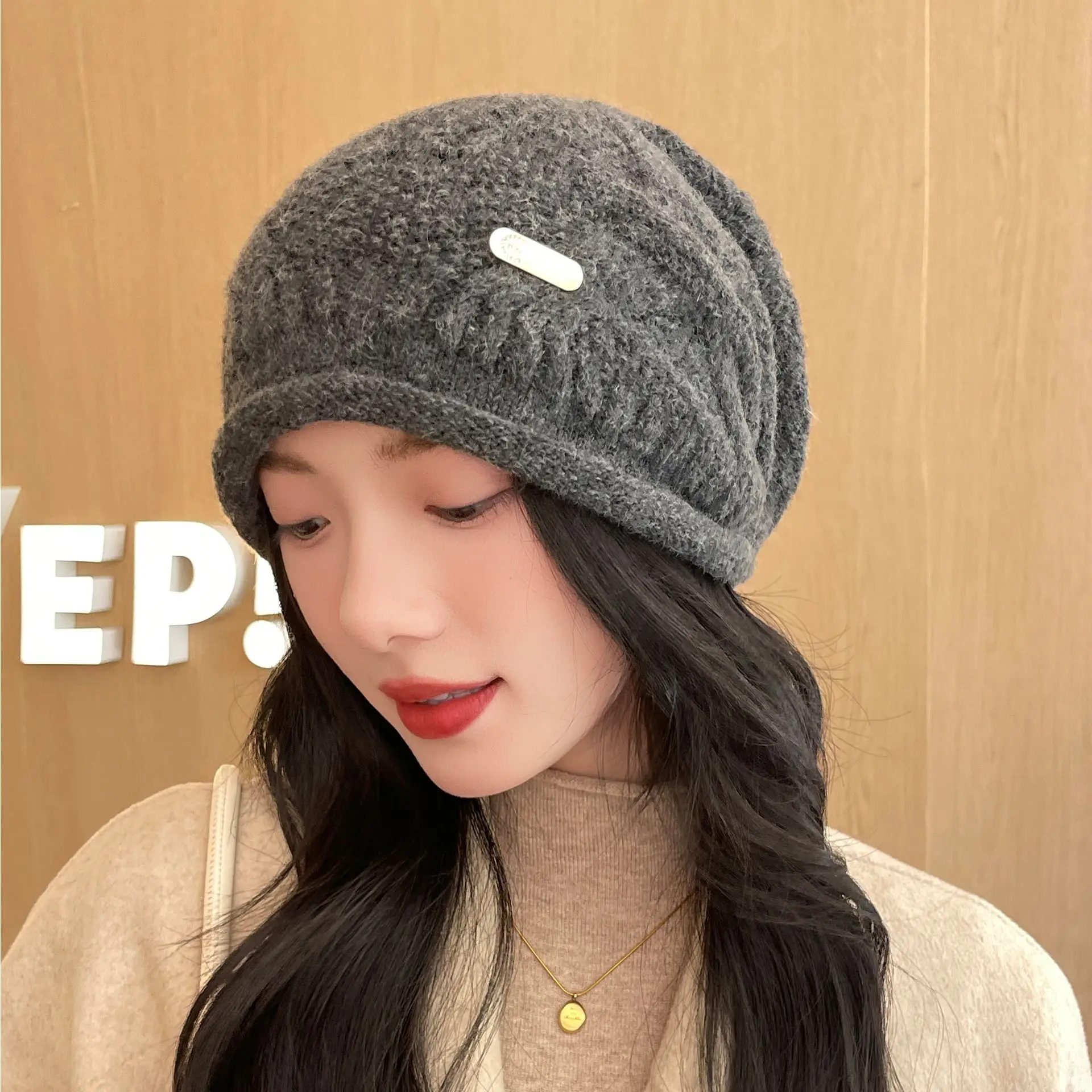 2025 New Women's Big Head Enclose Apparent Face Small Stacked Hat Autumn And Winter Warm Set Head Cap Knitted Hats