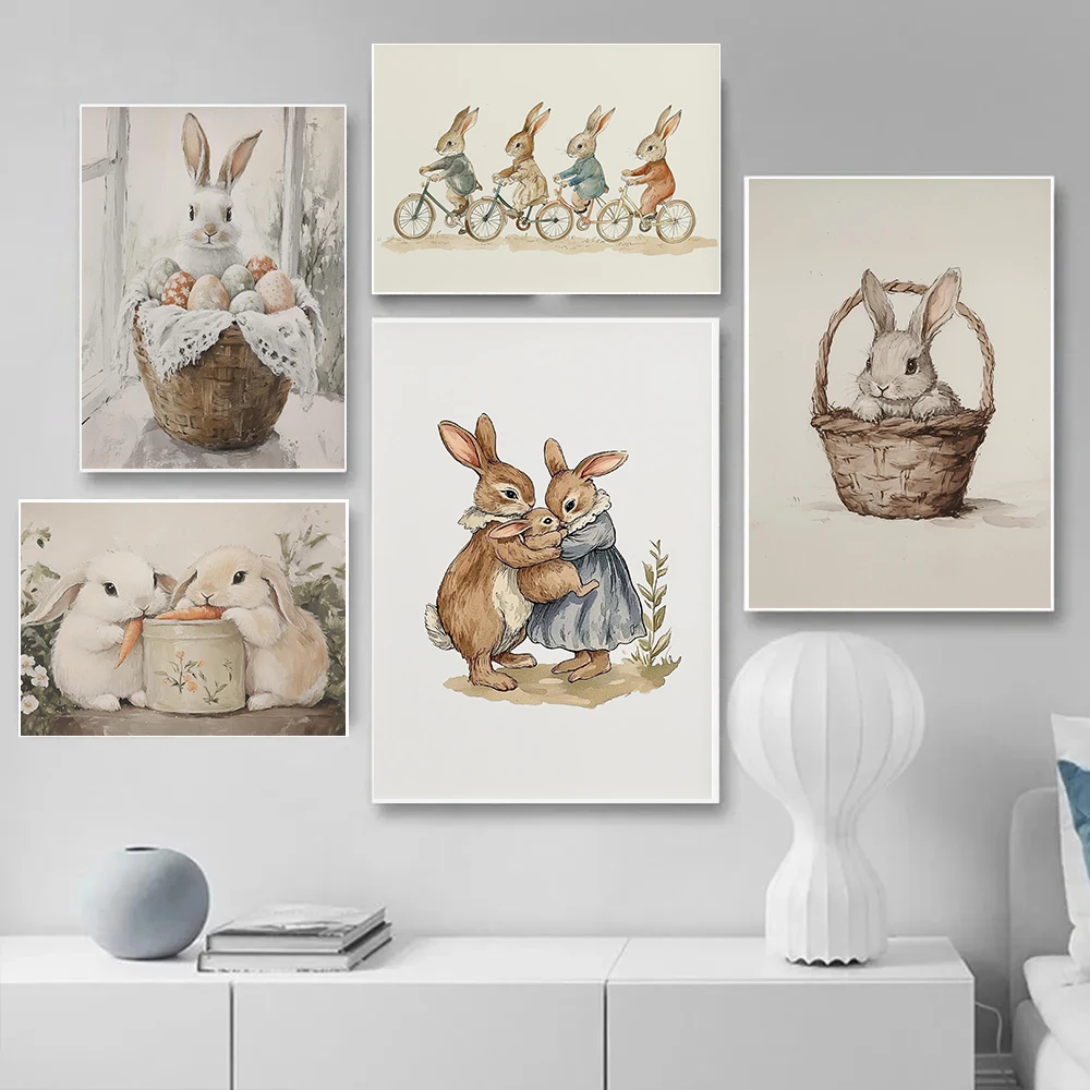 Cute Baby Rabbit Nursery Posters The Rabbit Family Prints Spring Bunny Canvas Painting Wall Art Pictures Home Kid's Room Decor