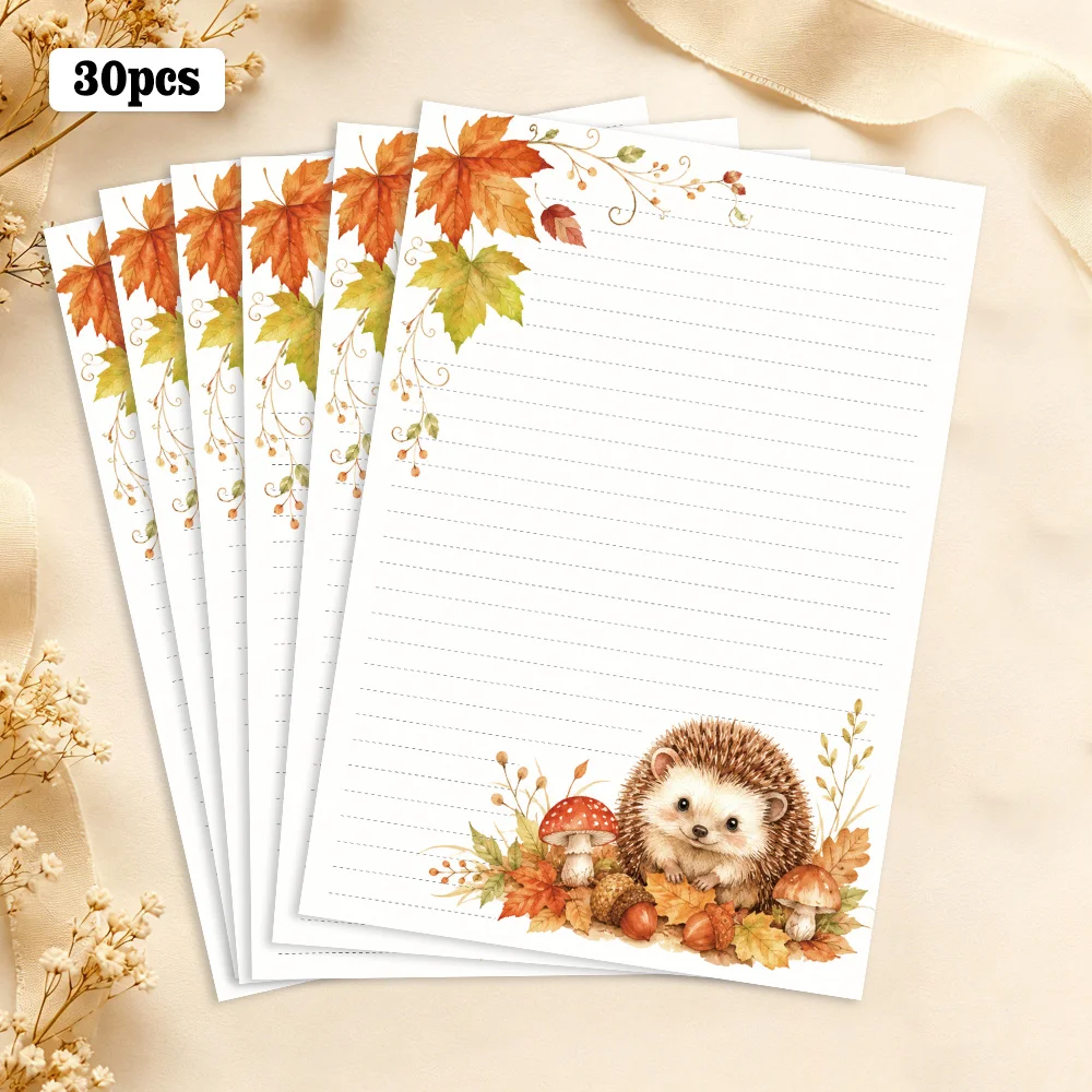 30 Sheets, B5 Autumn Forest Hedgehog-themed Writing Paper, Lined, No Glue, Perfect For Notebooks, Memos, And Stickers