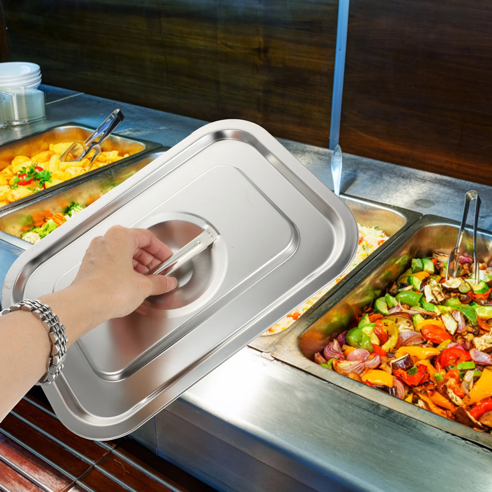 

1pc Steam Pan Lid Heavy Duty Stainless Steel Rectangular Food Pan Cover Handle Heat Resistant Hotel Restaurant Buffet Kitchen
