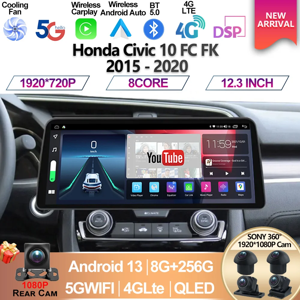 

Android 13 For Honda Civic 10 FC FK 2015 - 2020 Car Radio Multimedia Video Player GPS Autoradio Carplay Stereo Screen BT5.0