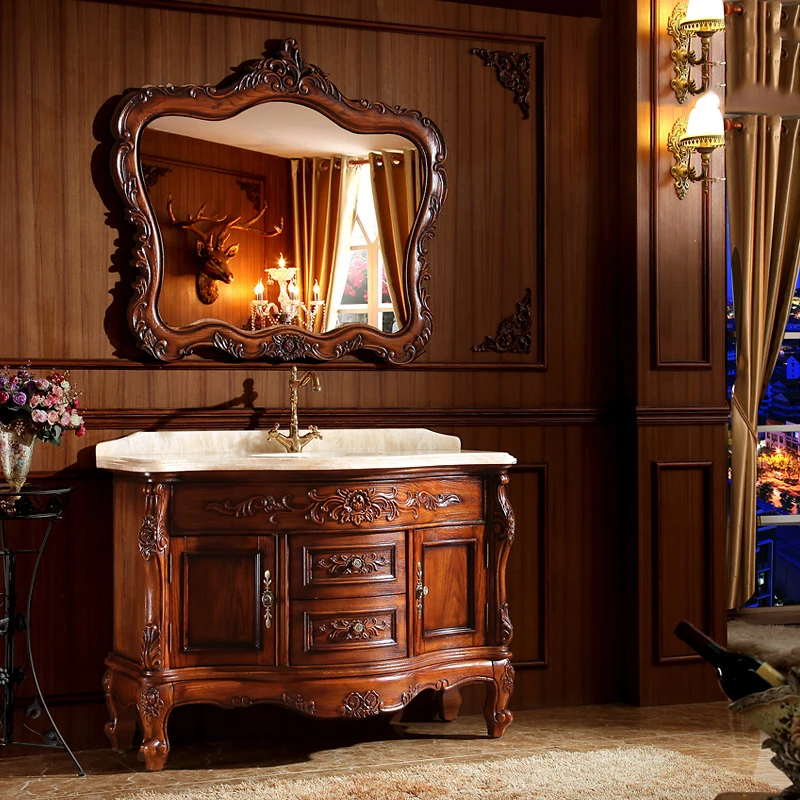 European bathroom cabinet red oak floor-to-ceiling wash basin cabinet antique bathroom cabinet