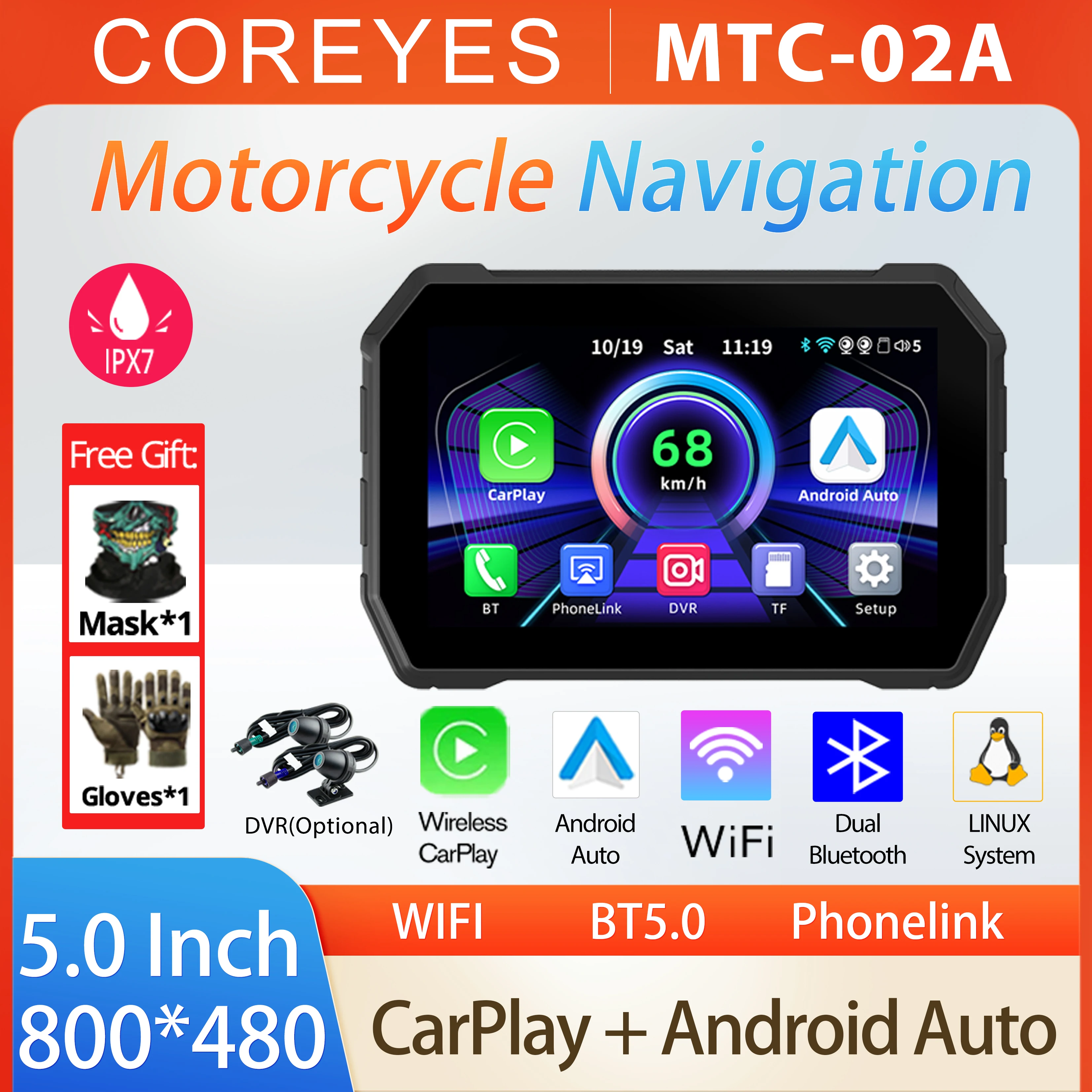 COREYES MTC-02A Moto Navigation DVR Carplay Wireless Android Auto Waterproof BT Fast Recording Portable Monitor