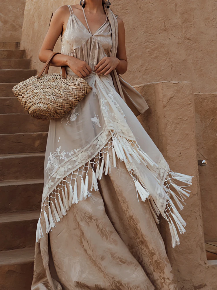 TIYIHAILEY-Loose Long Tassels Cloak Shawl, Flowers, Beige, Vintage, Spring, Summer Outerwear, New Fashion, 2025 New Tassels