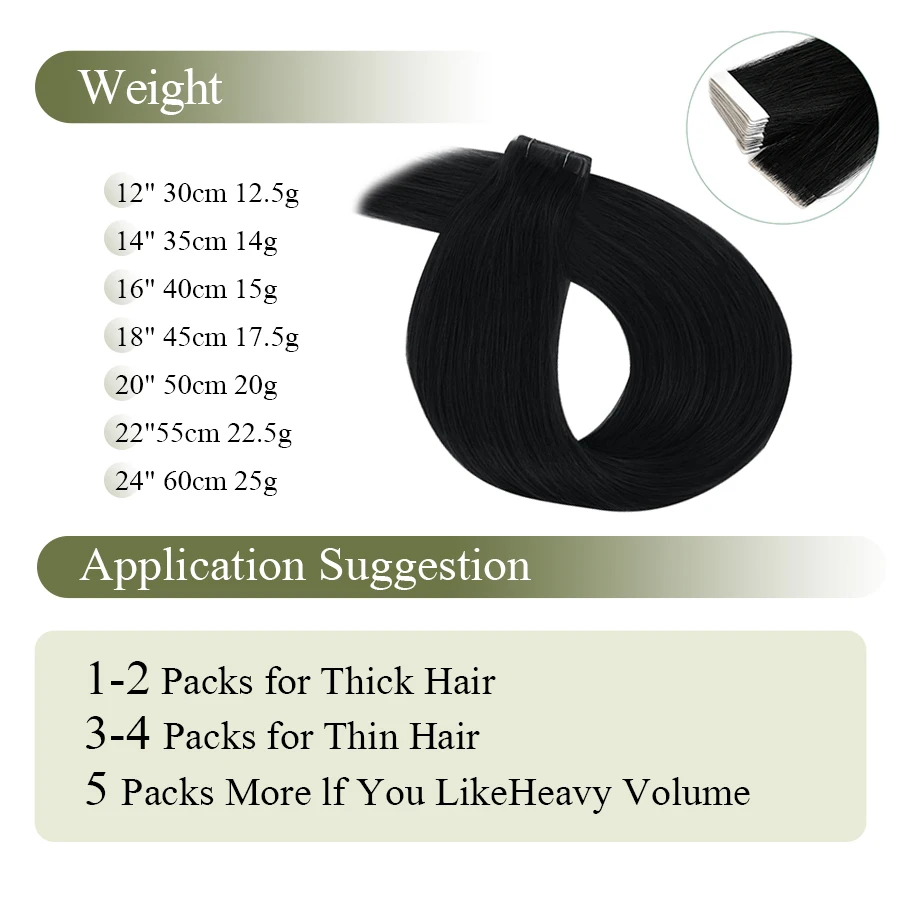 K.S WIGS 인모 모발 연장 테이프, 자연스러운 레미 심리스 PU 스킨 씨실, 팩 당 20 개, 40g, 16 인치, #1