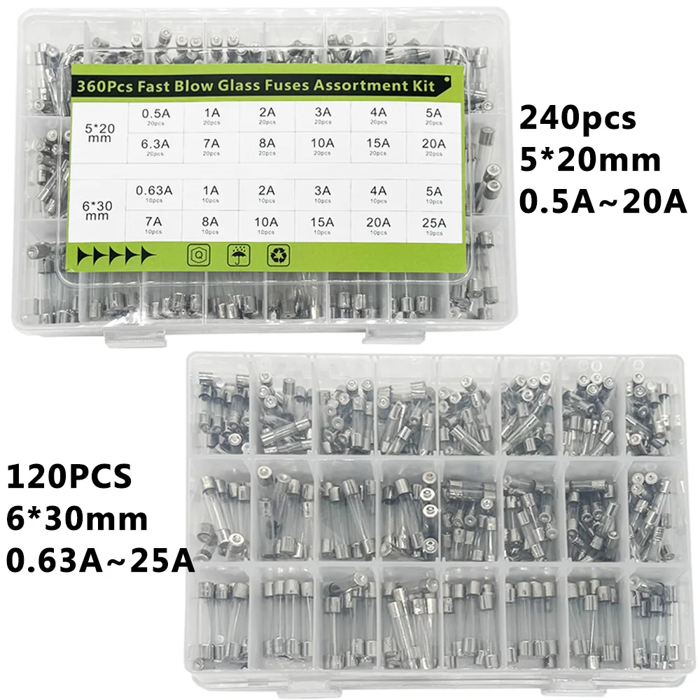 

DaierTek 360Pcs Fast Blow Glass Fuses Assortment Kit 24 Values Auto Fuses Assortment Kit 250V 5x20mm & 6x30mm Glass Tube Fuses