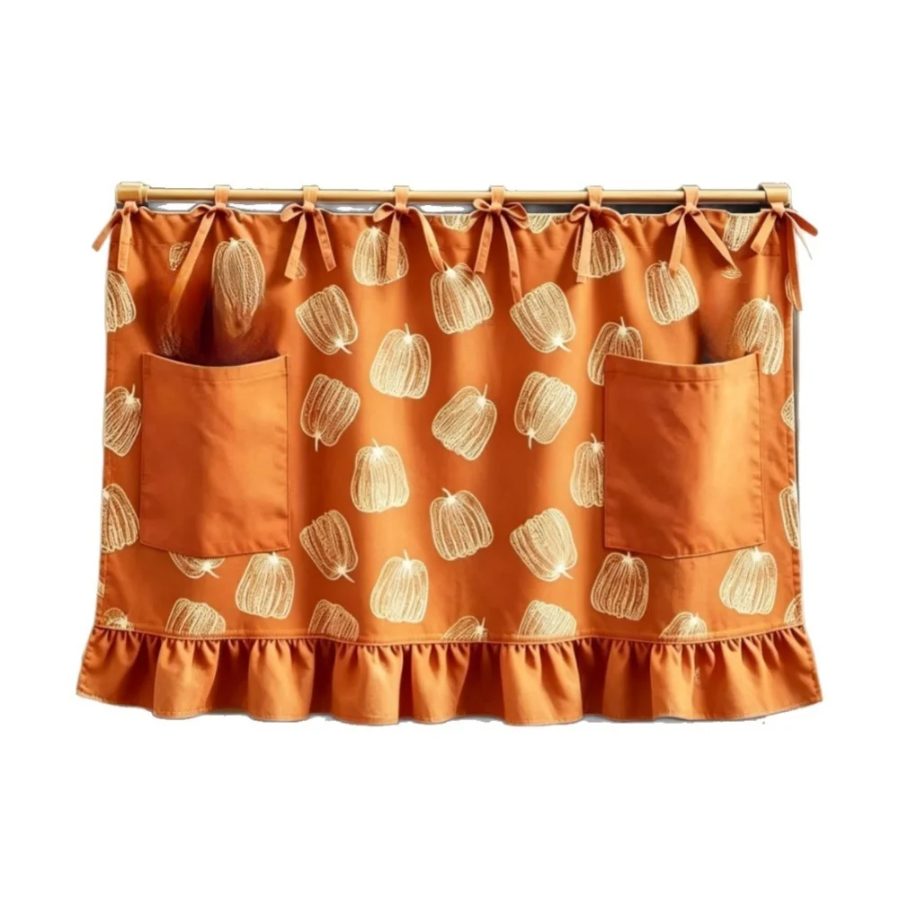Polyester Cotton Oven Valance in Vibrant Pumpkin Orange with Ruffle Trim Pockets and Ribbon Tie Closure System