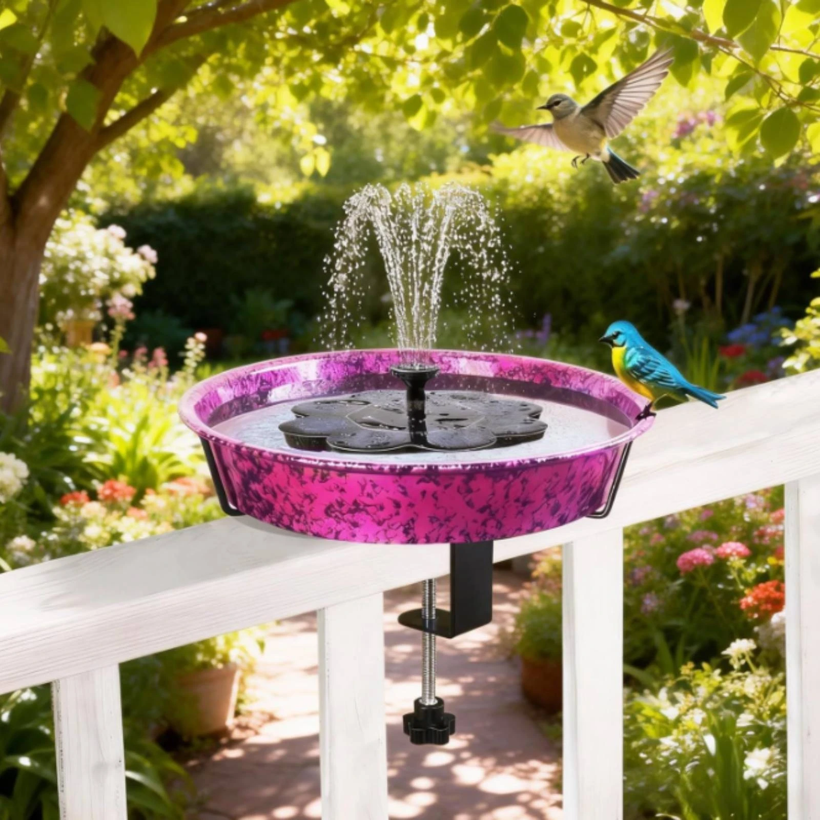Clamp-on Bird Bath Shallow Basin Railing Bird Bath Outdoor Decor Support Stem Space Saving