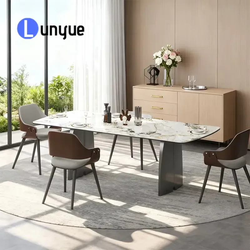 Double Column Corner Dining Table and Chair Set Artificial Marble Rectangular Table for 8 People Modern Home Kitchen