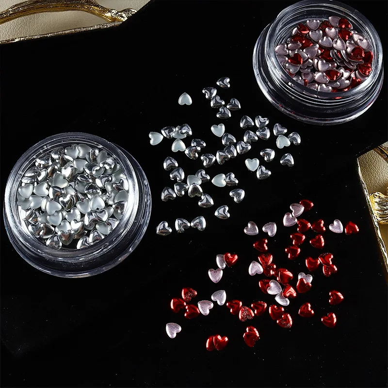 1 Jar Glossy 4mm Mini Heart Rivets Nail Art Charms Glazed Silver Red French Love Rhinestones Decor Manicure DIY Accessories