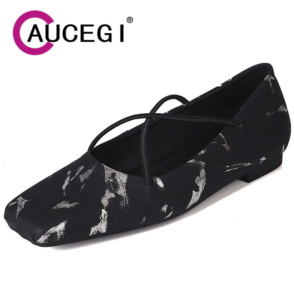 Aucegi Retro Women Elastic Band Cross Tied Mary Jane Shoes Fashion Square Toe Elegant Party Dress Ballerinas Flats Heels Apricot