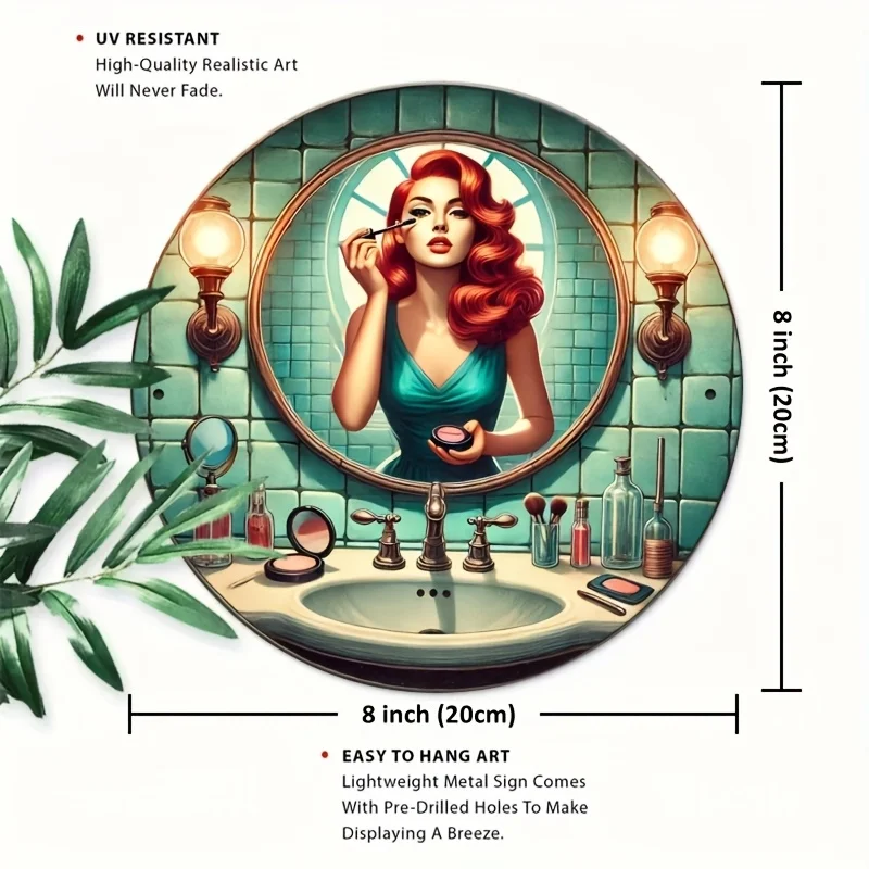 Room Decor 1pc of 8 X 8 Inch (20 X 20 Cm) Vintage Women'S Bathroom Makeup Metal Tin Sign, Round Aluminum Wall Art Sign in Retro