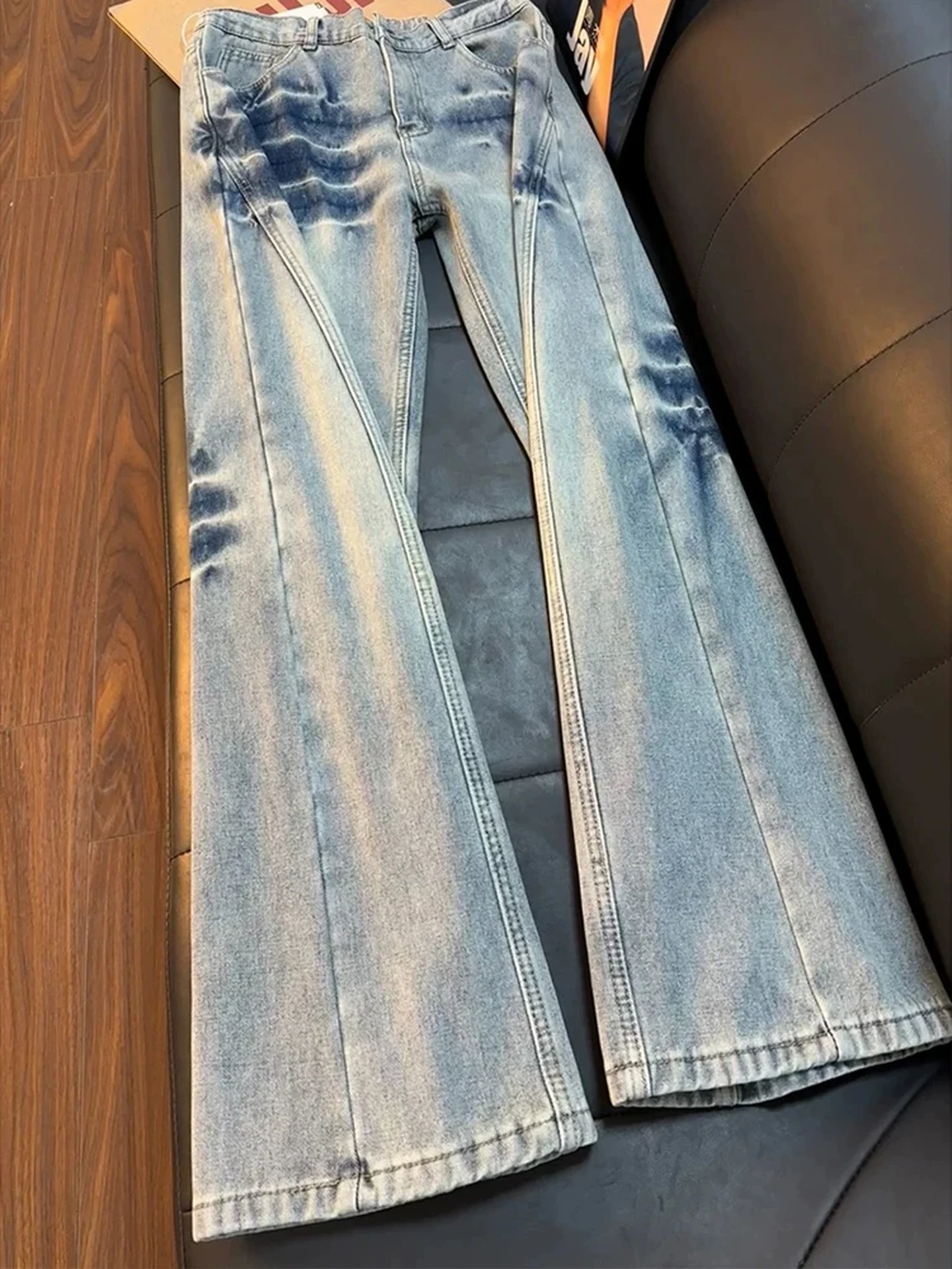 

Мужские джинсы-клеш с косым кройом и узором «гром», в американском ретро-стиле, свободные, прямые, длинные брюки