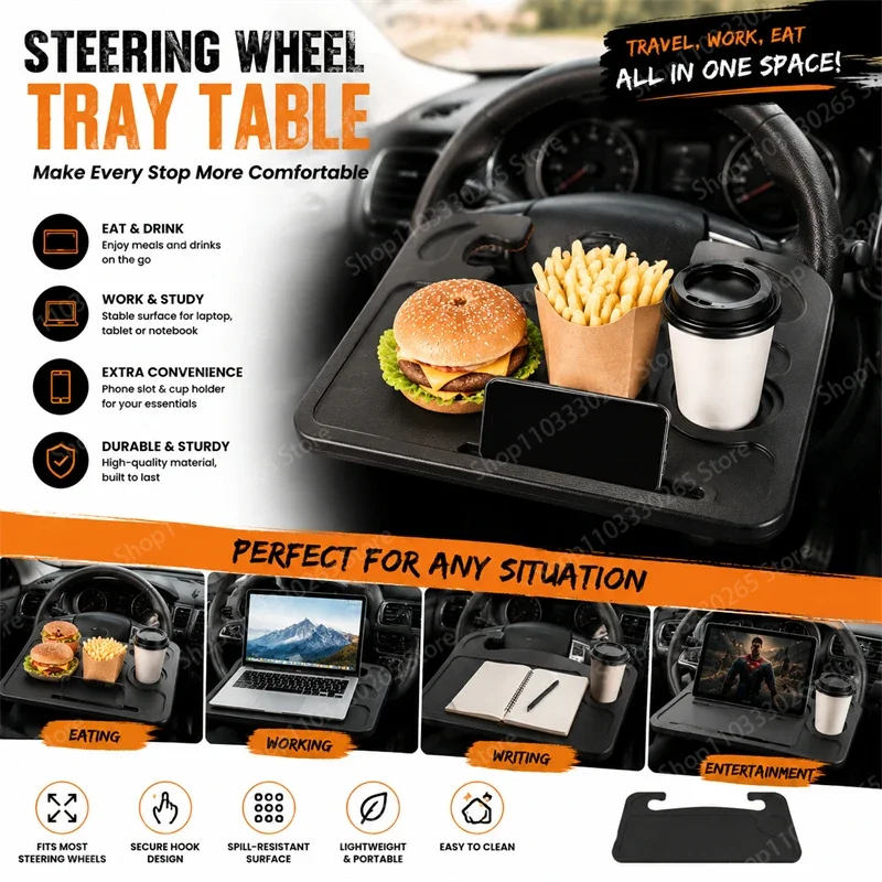 Portable Car Steering Wheel Work Tray Table, Built-In Cup & Phone Slot Lightweight Vehicle Food Holder for Road Trip Lunch Break