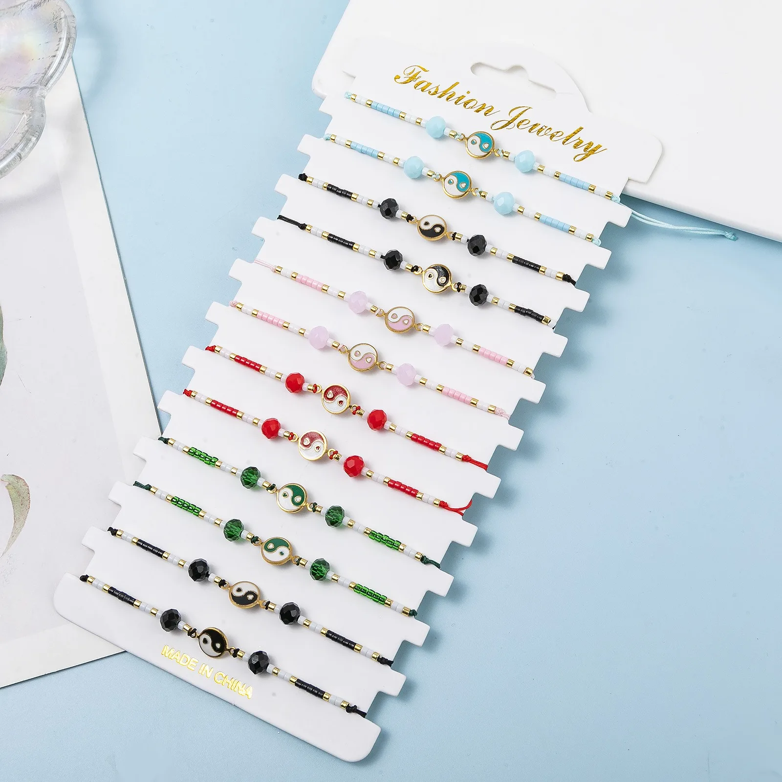 Hot Sale Enamel Gossip Tai Chi String Adjustable Dainty Crystal Glass Bracelet for Women Adjustable Rope Weave Bracelet Gift Set