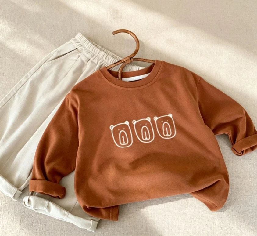 Little Kids Bear Print Crew Neck Tee Cozy Soft Fabric Clothing T-Shirt Two Classic Colors Wear Tops Baby Infant Full Sleeve Tees