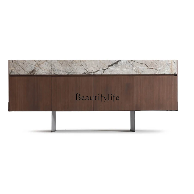 Italian light luxury saddle leather dining side cabinet household stainless steel marble countertop entrance cabinet