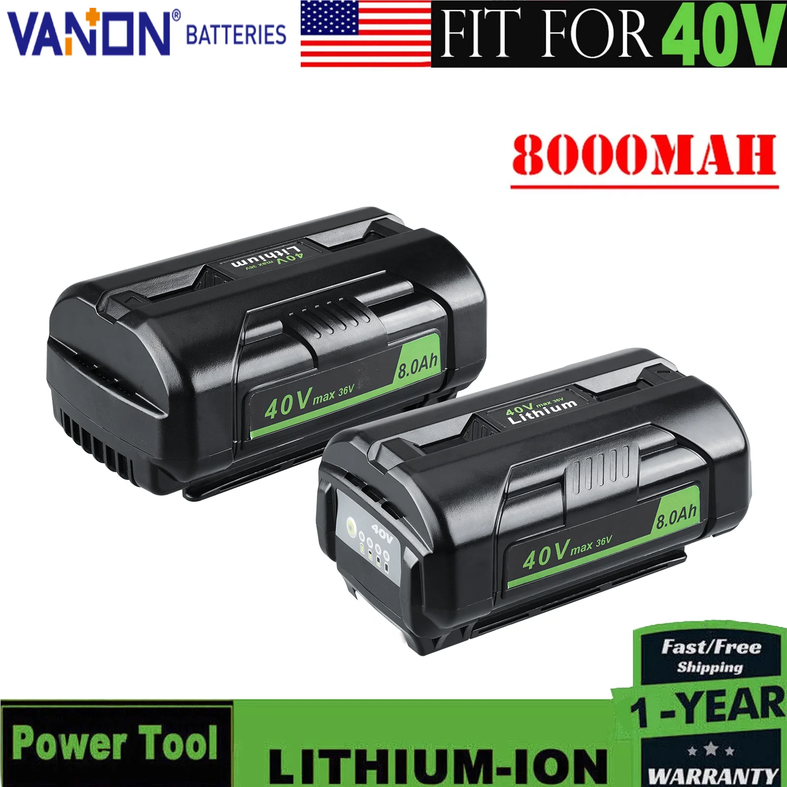 

VANON 2Pack 40V 8.0Ah OP4040 Battery replace for Ryobi OP4050 OP4030 RBL4020 OP4026 Power Tools Lithium-ion Battery pin