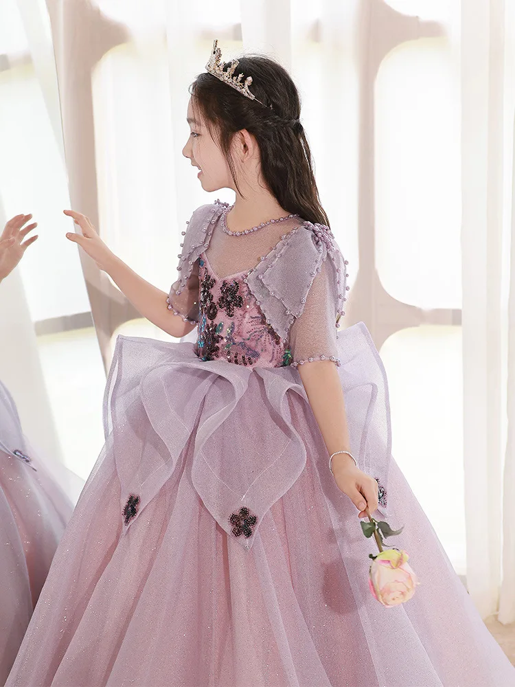 Wedding Princess Dress Violet Lace Teen Girl Vintage Appliques Flower Tulle Costume For Children Flower Girl Prom Long Vestidos