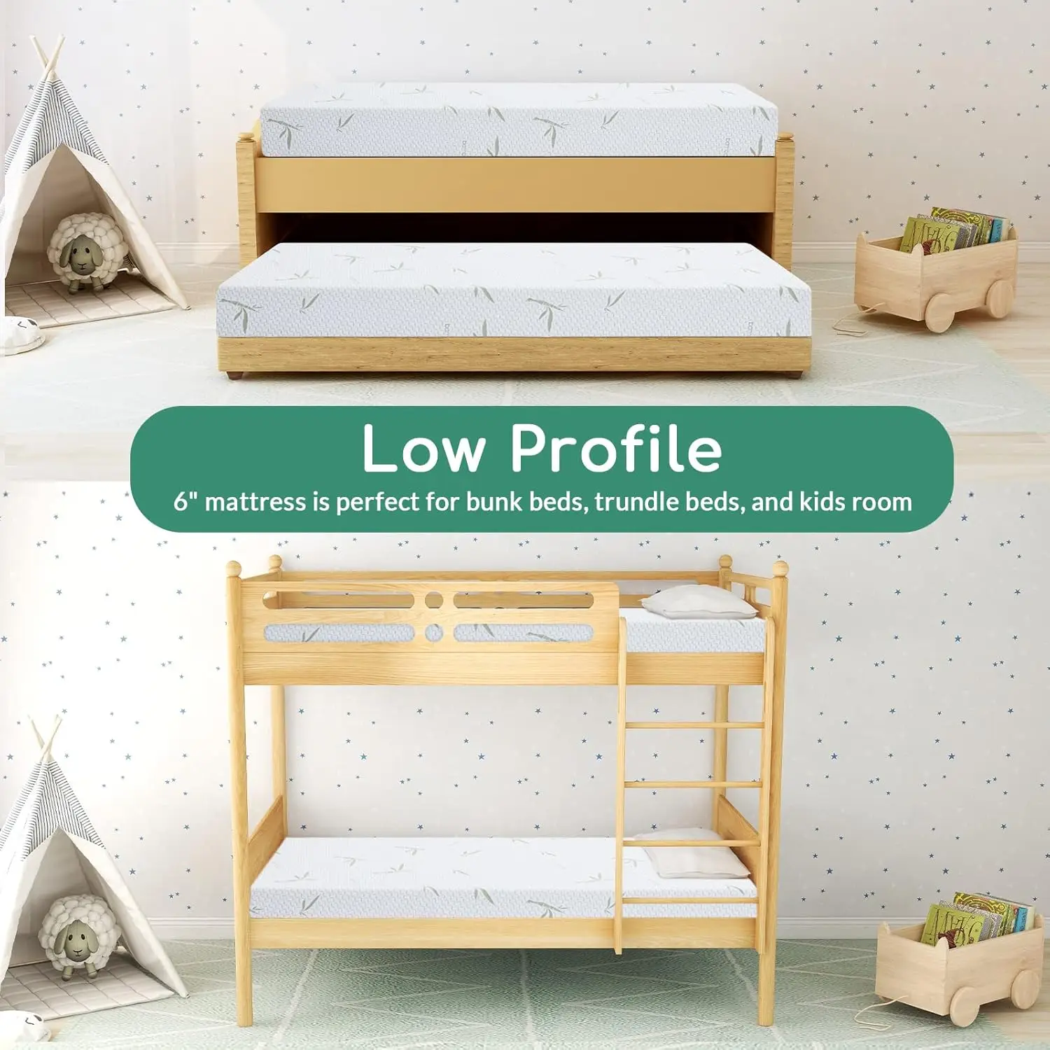 Matelas plein Airdown avec housse en bambou respirant, matelas en mousse à mémoire de forme, vert moyen optimiste, Trundle Be, 6 po, dans une boîte pour enfants