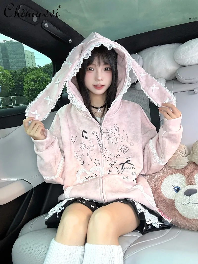 

Original Retro Lace Trim Rabbit Ear Hooded Jacket 2025 Autumn Clothes New Sweet Girl Kawaii Loose Womens Sweatshirt Coat