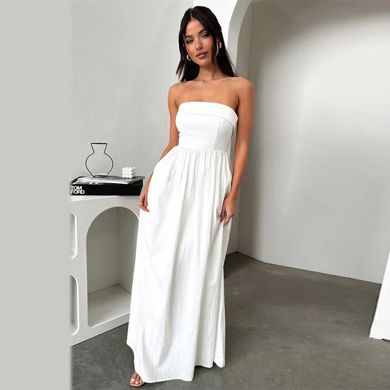 Elegant White Women's Prom Dress Summer Strapless Sexy Sleeveless A Line Hot Girl Casual Daily Formal Birthday Long Party Gown