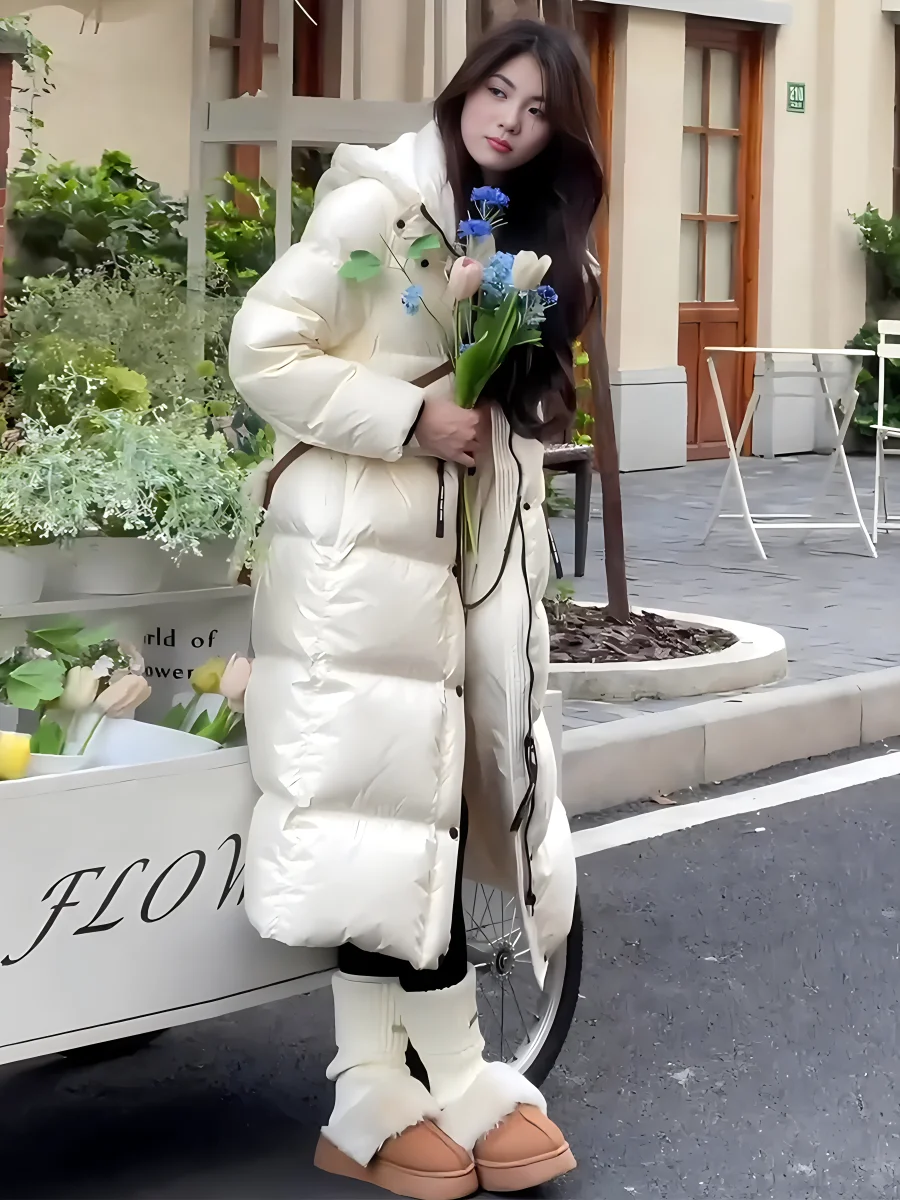 

Модная повседневная высококачественная белая пуховая куртка-пуховик для женщин, трендовое длинное пальто с капюшоном и воротником-стойкой, новинка зимы