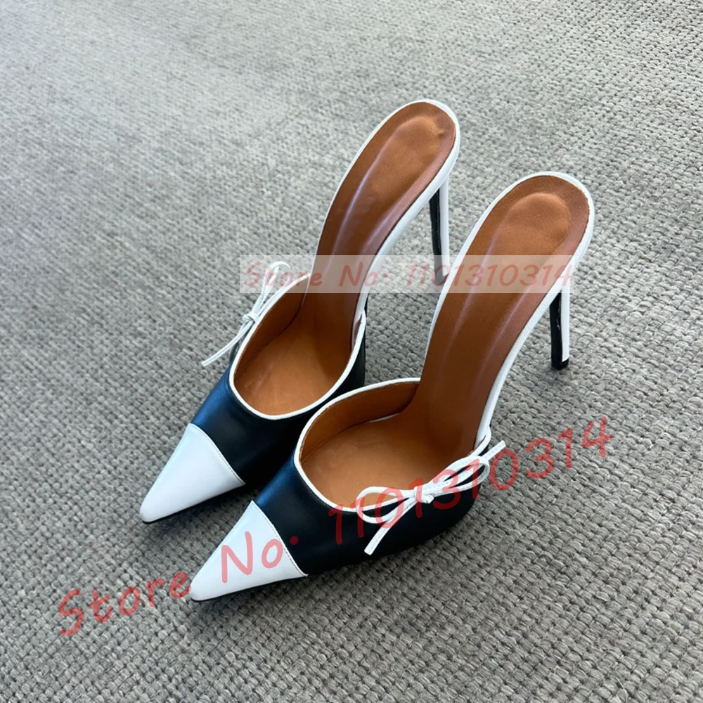 Two-tone Splicing Pointed Toe Mules Women Elegant Bow Decal Shallow High Heels Shoes Ladies Luxury Black-white Fashion Slippers