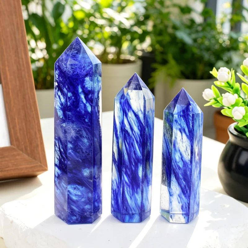 Blue Smelting Quartz Crystal Point Wand Tower Healing Stone Obelisk Meditation Home Decor Gift