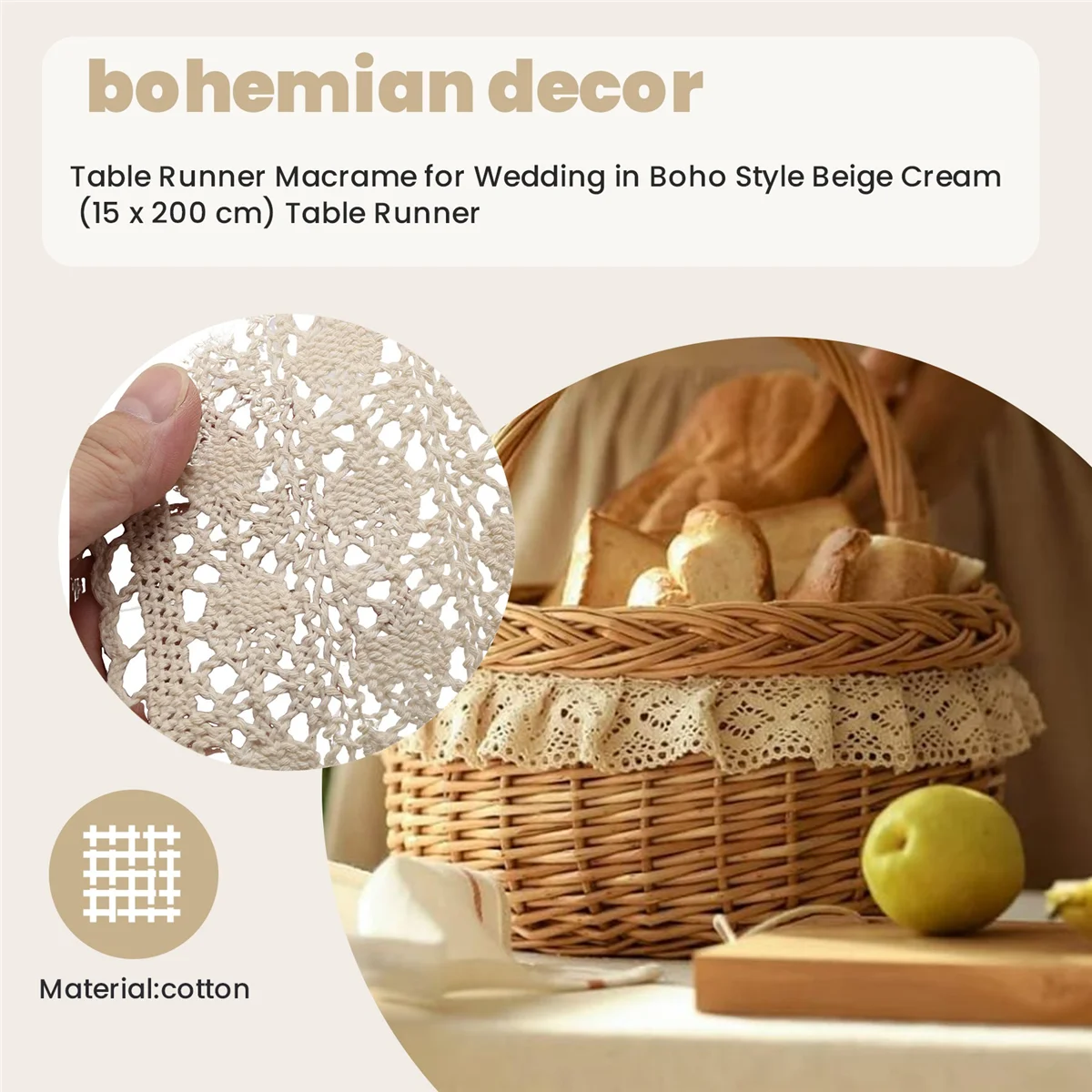 SLQZT Runner da tavolo in macramè per matrimonio in stile Boho beige crema (15 x 200 cm), runner da tavolo vintage all'uncinetto rustico, matrimonio