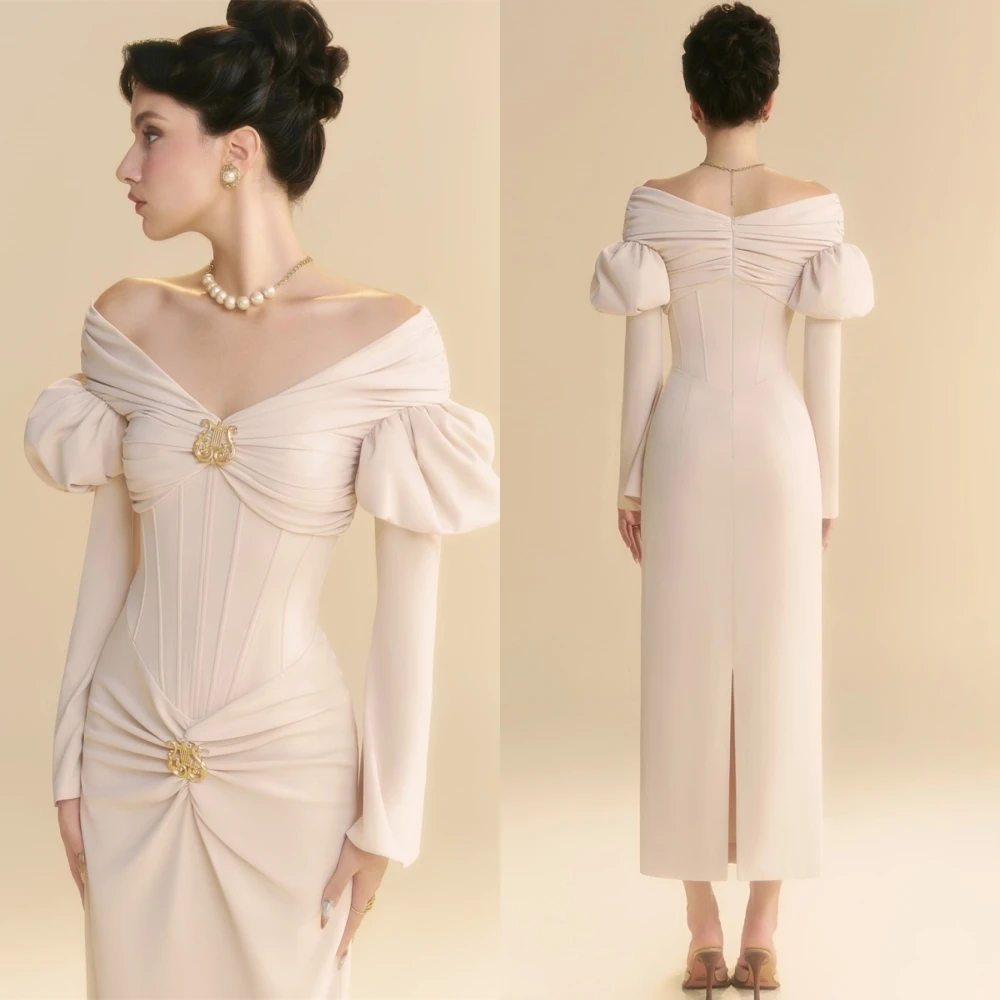 

Customized Graceful beige Jersey Evening Dress Classic V-Neck Long Sleeves Party Dress Delicate Straight Zipper Back Prom Dress
