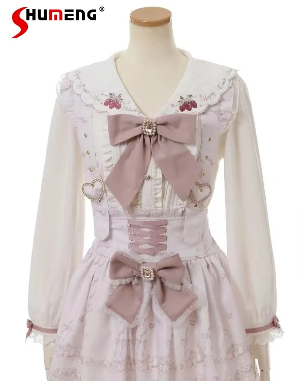 Sweet Lolita Girl Pink Short Skirt Japanese Mine Mass-Produced Ribbon Bow Diamond Heart Buckle Removable Printed Suspender Skirt