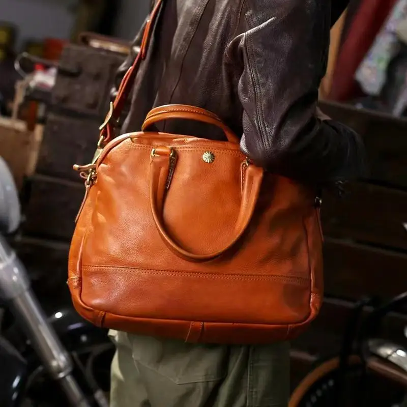 Maletín de negocios de lujo hecho a mano de cuero genuino para hombre y mujer, bolso para ordenador portátil de cuero de vaca real de alta calidad vintage a la moda