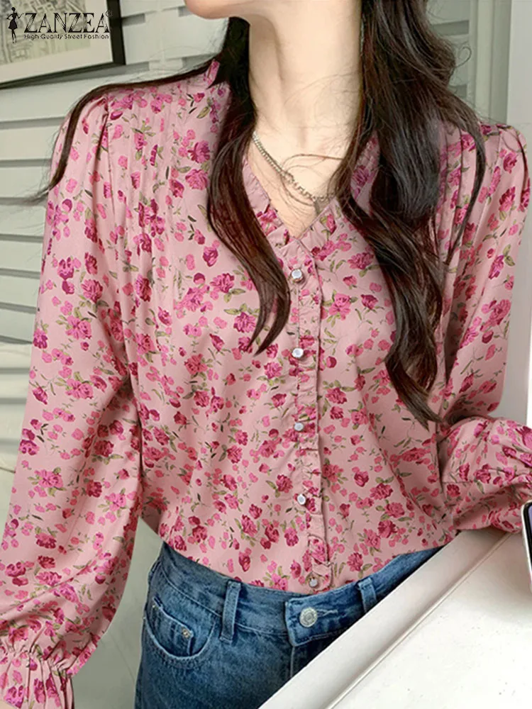 ZANZEA Women Floral Print Blouse Elegant Ruffled Puff Long Sleeve Tunic 2024 Summer V Neck Shirt Casual Loose Holiday Pleat Tops