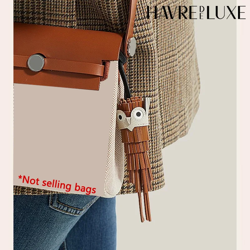 Cowhide Hand-sewn Tassel Owl Bag Charm Chouette Genuine Leather Bag Pandent Keychain Bag accessories
