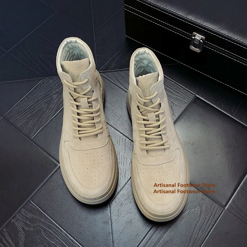 Khaki Suede High-Top Boots Thick-Soled Men's Lace Up Casual Shoes British Style Trendy Handmade Cowhide Men's Shoes Botas Mujer