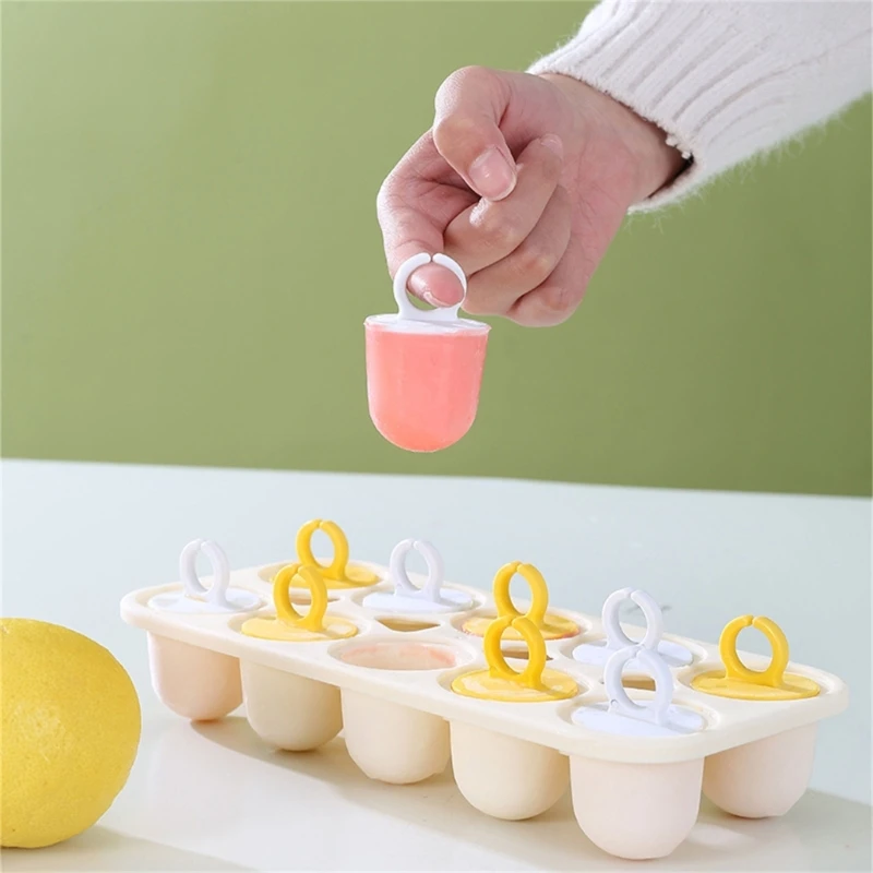 10-Cavity Ice Cream Molds with Ring Stick Handle Reusable Ice Lollys Mould Ice Popsicles Molds Non Stick Ice Tray