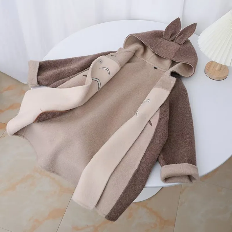 Animal Shape Kids Wool Overcoat Ear Hood Pom Pom Tail Color Block Mid Length Coat Boys Girls Winter Party Photo Shoot Outerwear