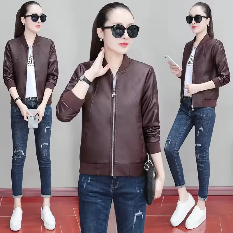 

2026 Spring Autumn Women Short Imitation Leather Jacket New Solid Color Zipper Ladies Locomotive Coat PU Leather Jacket Female