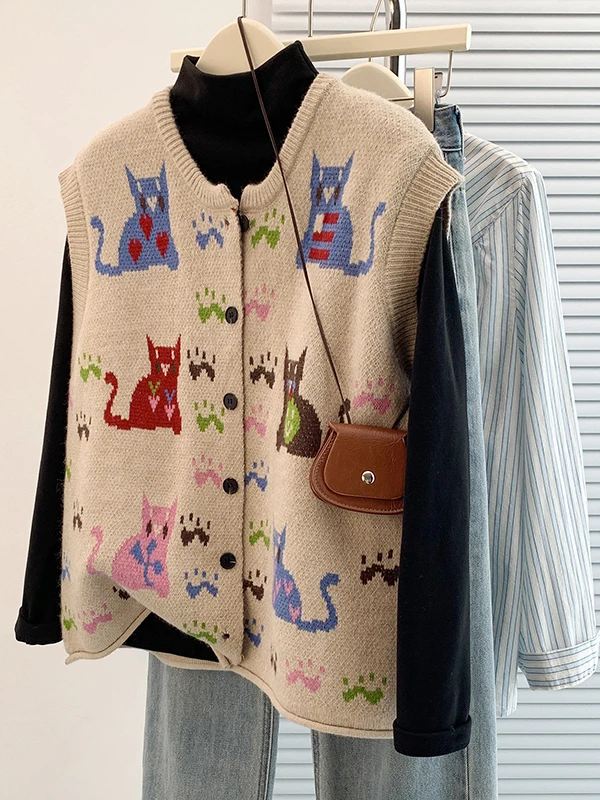 

Korean Sle round Ne Svel Knitted Cardigan Sweater Cartoon Embroidery Thiened Autumn Winter New Arrival for Women